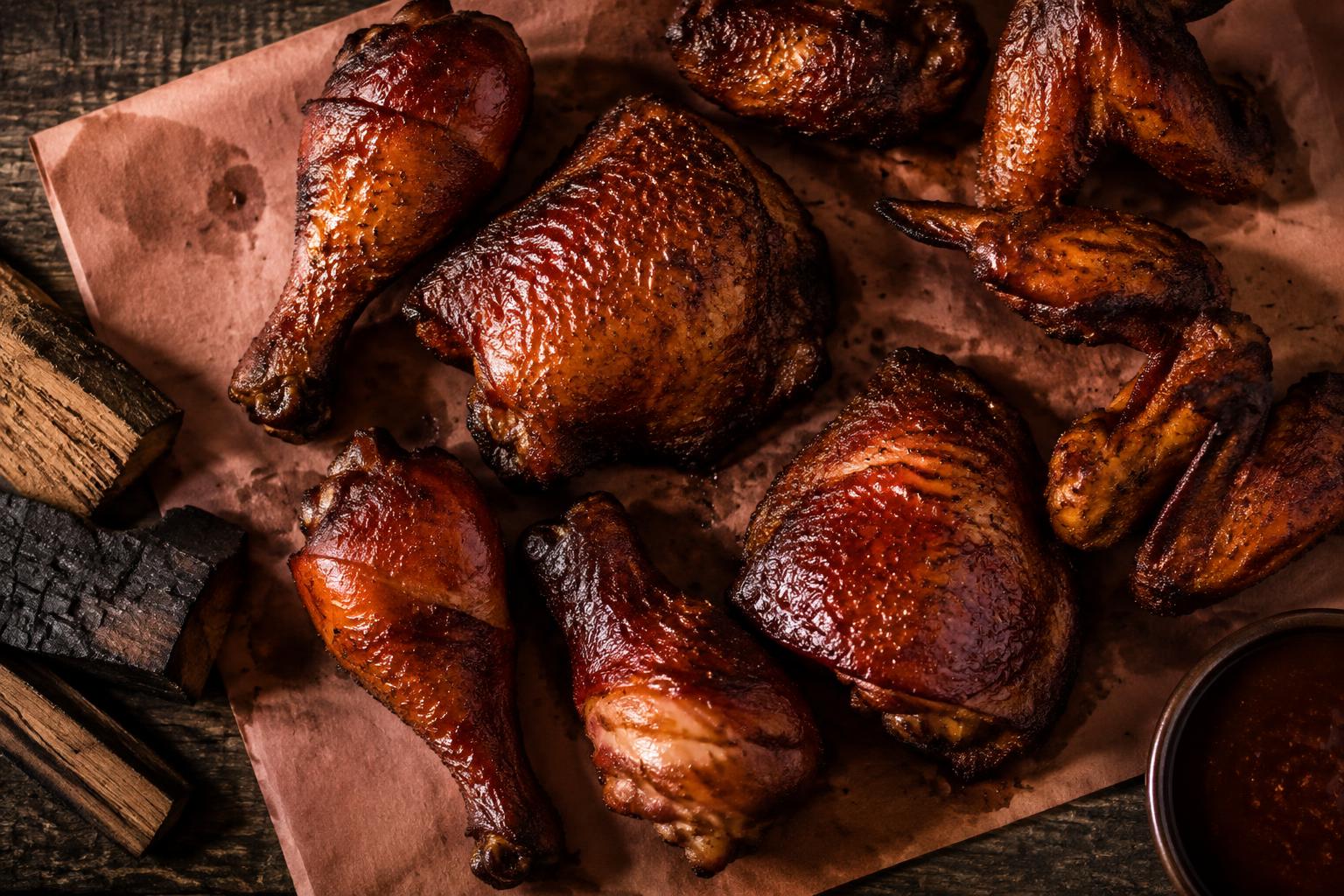 Smoked barbecue chicken legs, thighs and wings glazed and arranged on butcher paper
