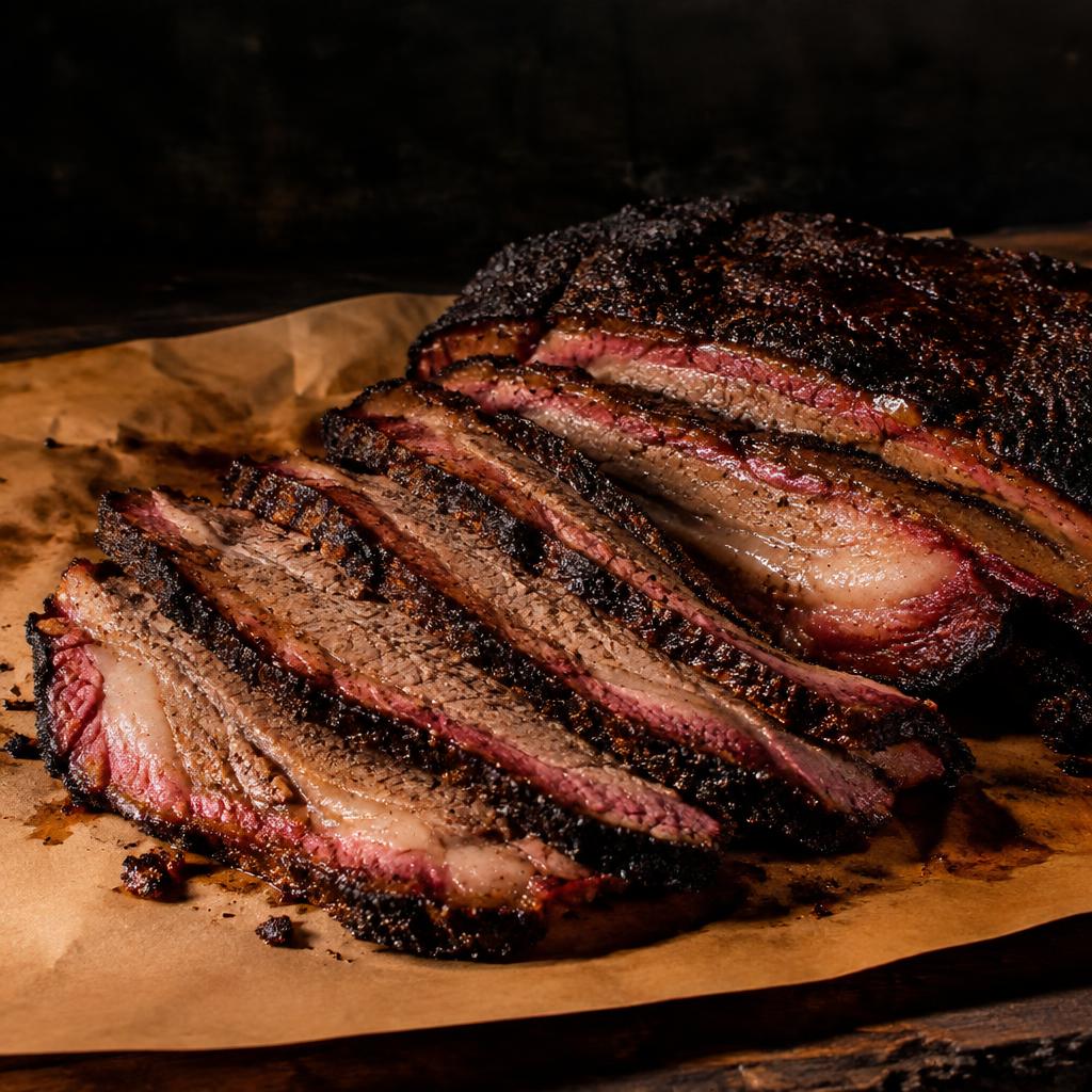 Sliced smoked brisket with a deep smoke ring