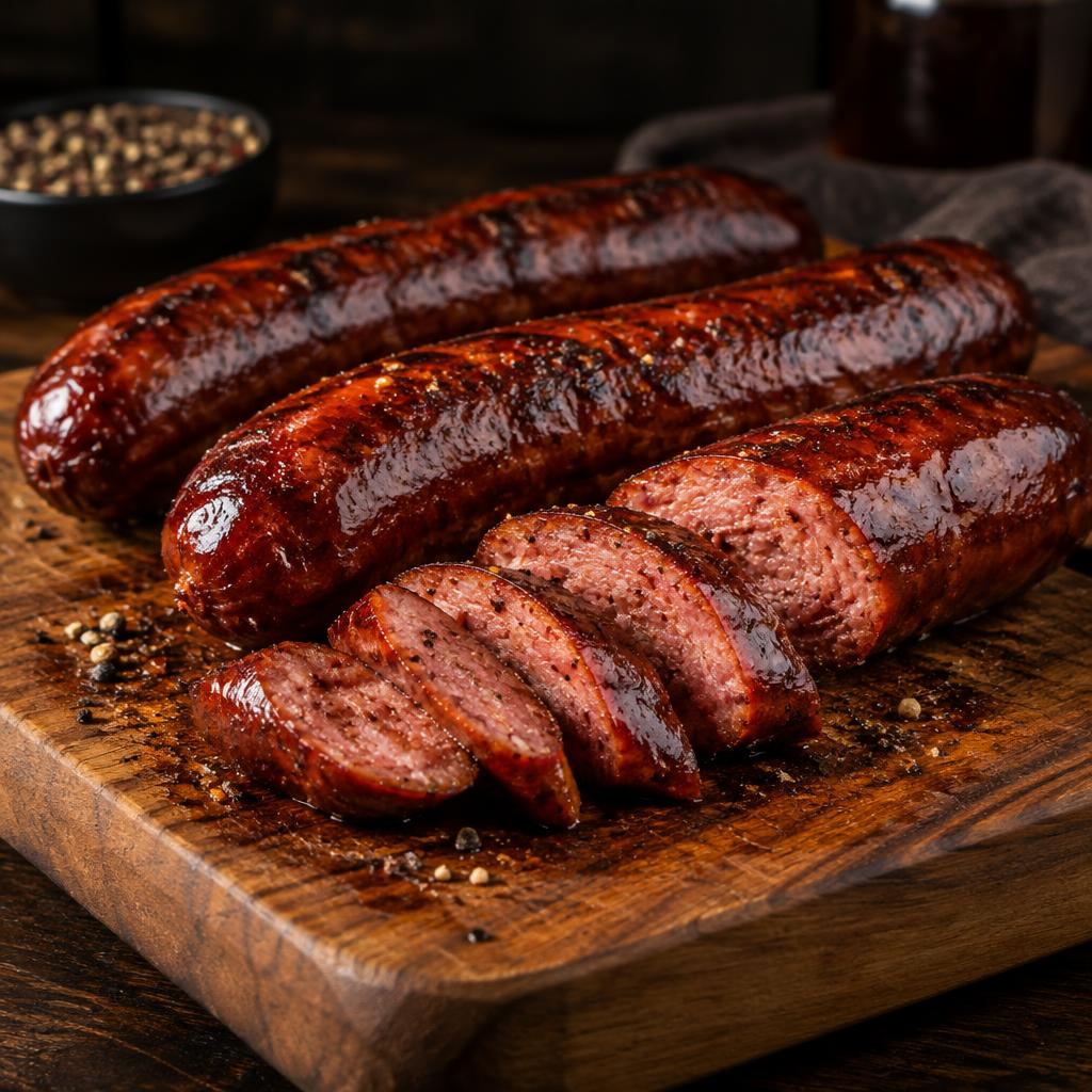 Sliced smoked beef links on a wooden board