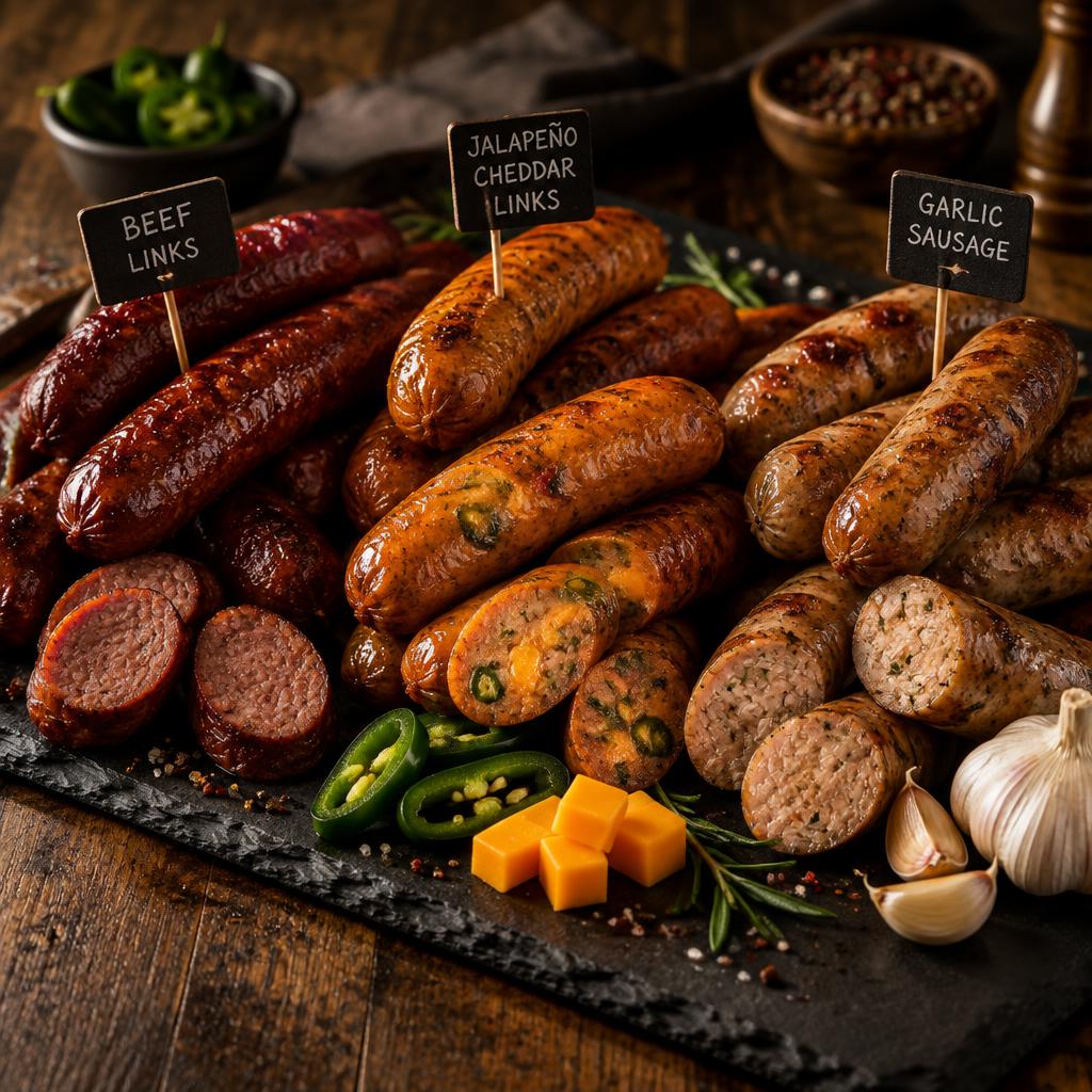 Assorted smoked links arranged on a board