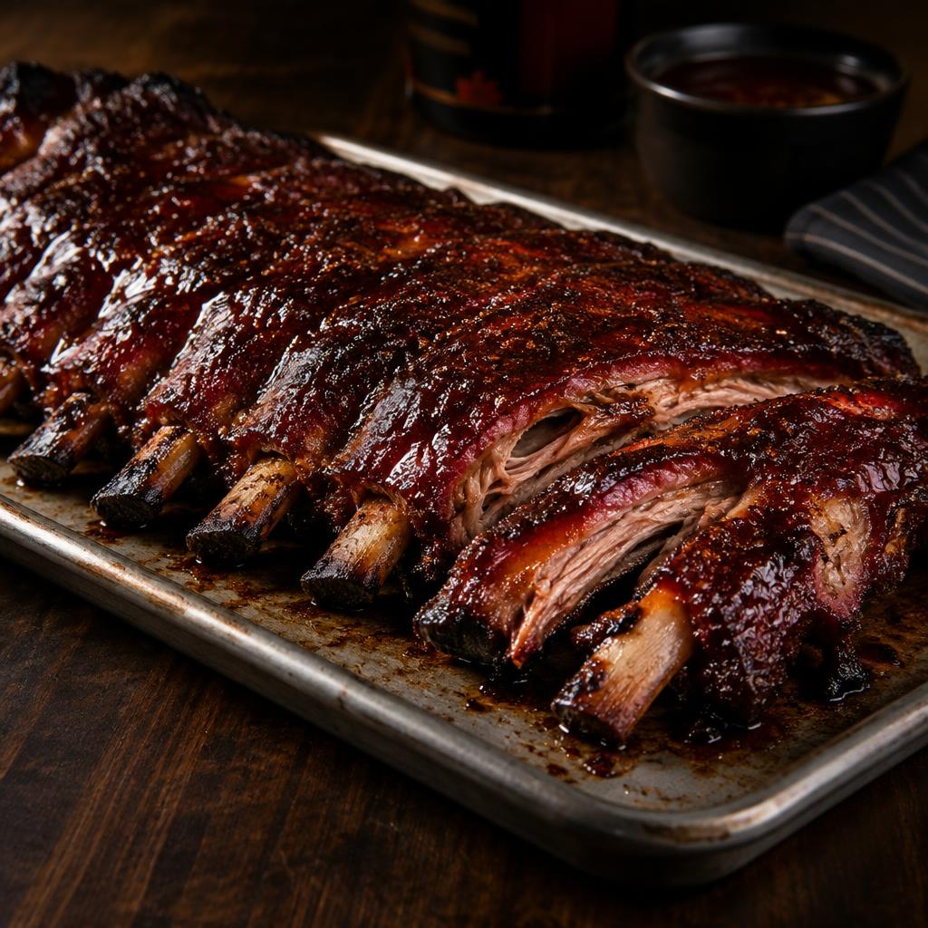 Glazed smoked spare ribs on a tray
