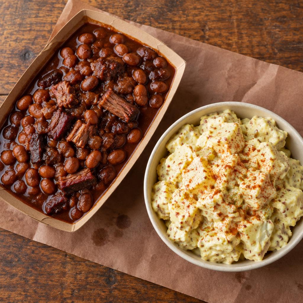 Pit beans and mustard potato salad on butcher paper