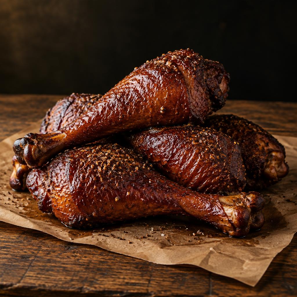 Smoked turkey legs piled on butcher paper